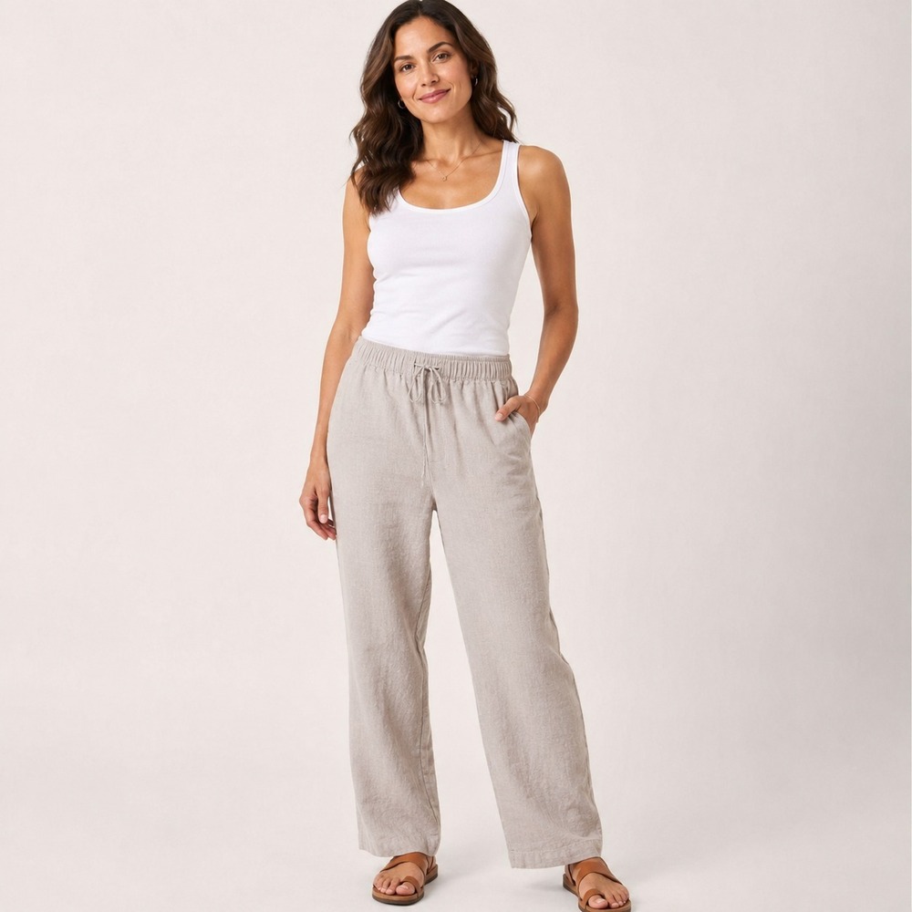 Havana Nines Womens M Taupe Linen Rayon Pull On Casual Beach Pants